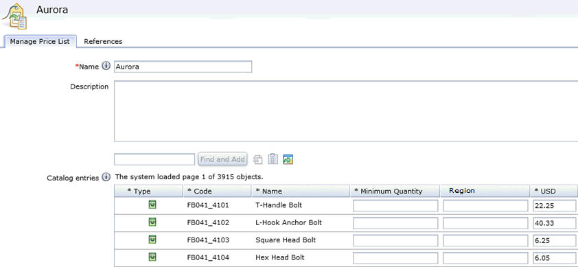 Example of properties views for a price list in the Catalog Filter and Pricing tool.