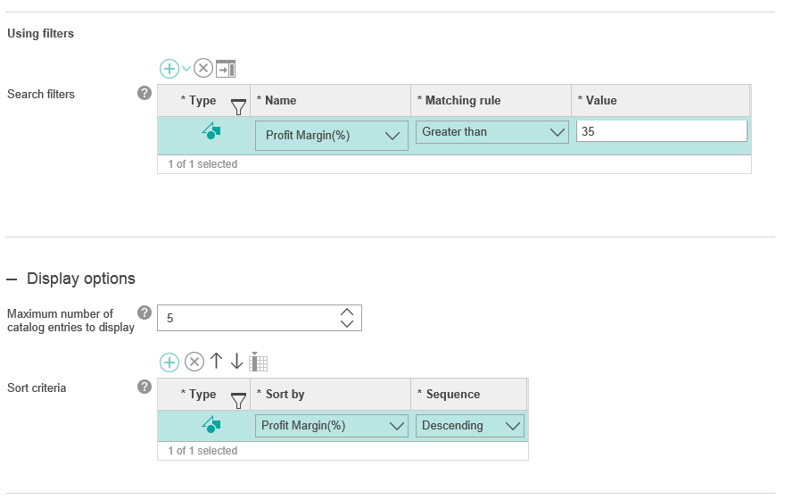 Filter and sort criteria that displays profit margin.