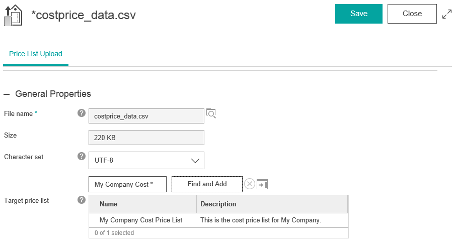 Cost price list upload.