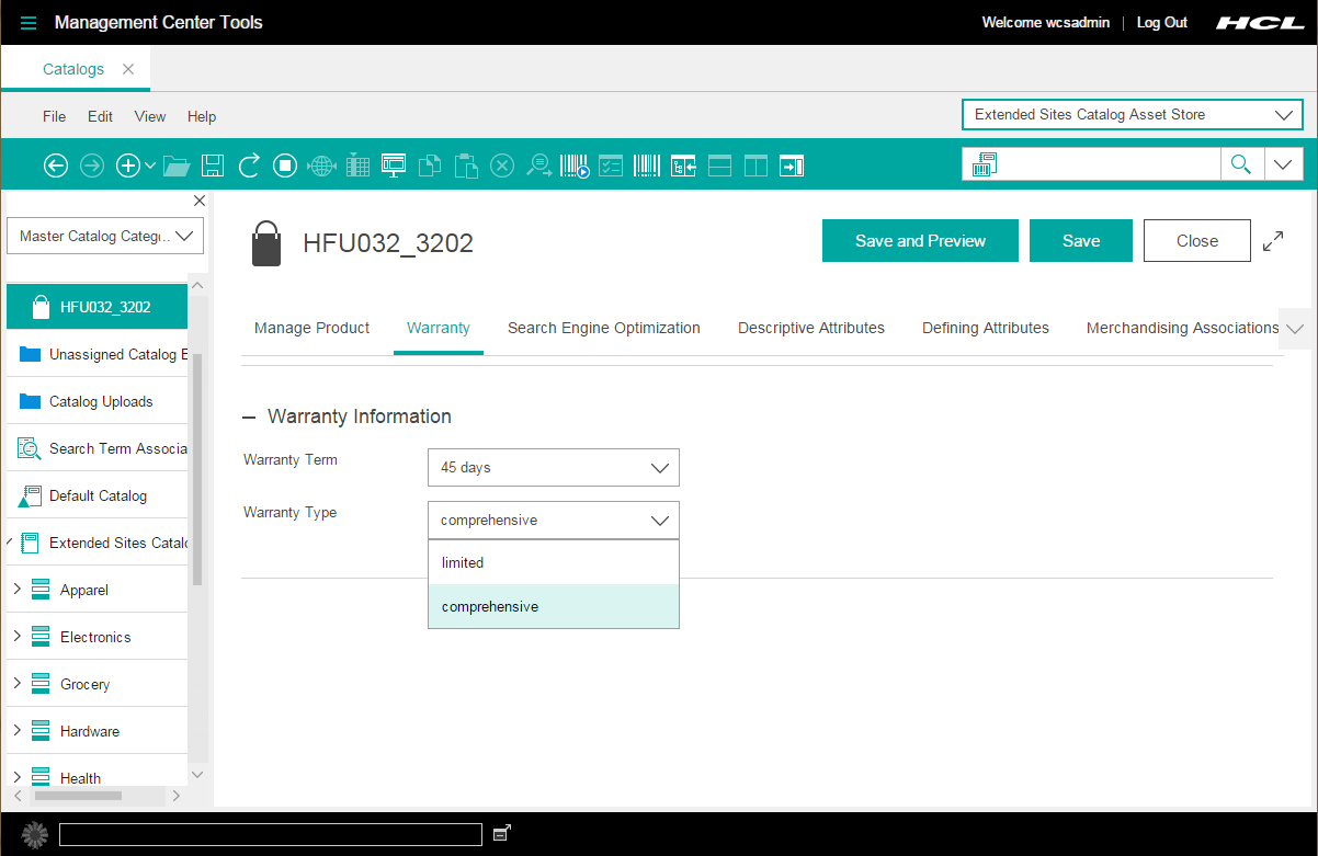 Product properties view warranty tab with warranty term and warranty type information .