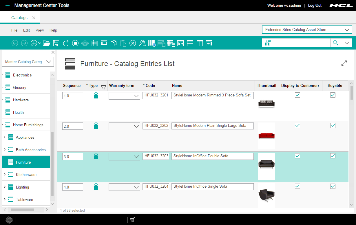 Catalog entry list with warranty term column.