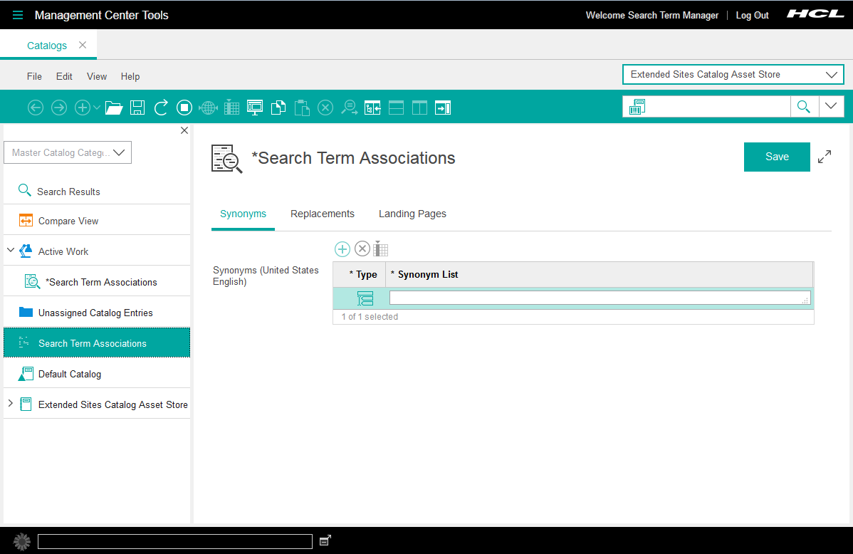 Screen capture of the Management Center Catalogs tool with Search Term Associations displayed.