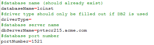 install.properties section showing database details such as name, driver, server name, and port number.