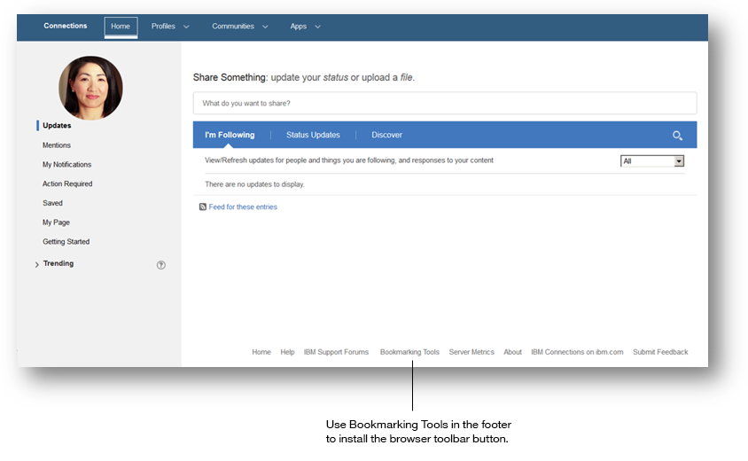 Das Bild zeigt eine Connections-Seite mit dem Link „Tools zum Setzen von Lesezeichen“ in der Fußzeile.