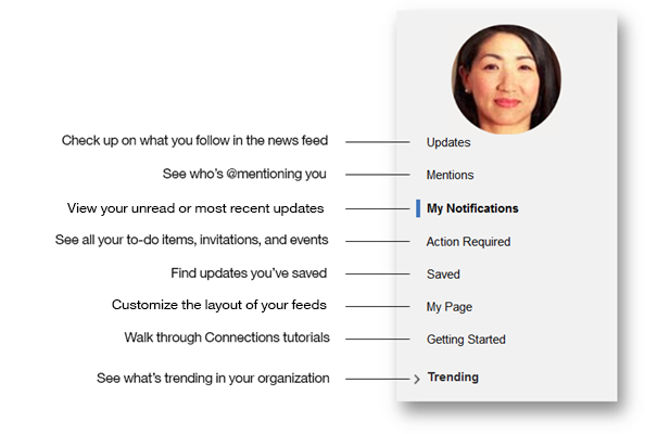 Screenshot der Seitenleiste mit einer Beschreibung der einzelnen Ansichten