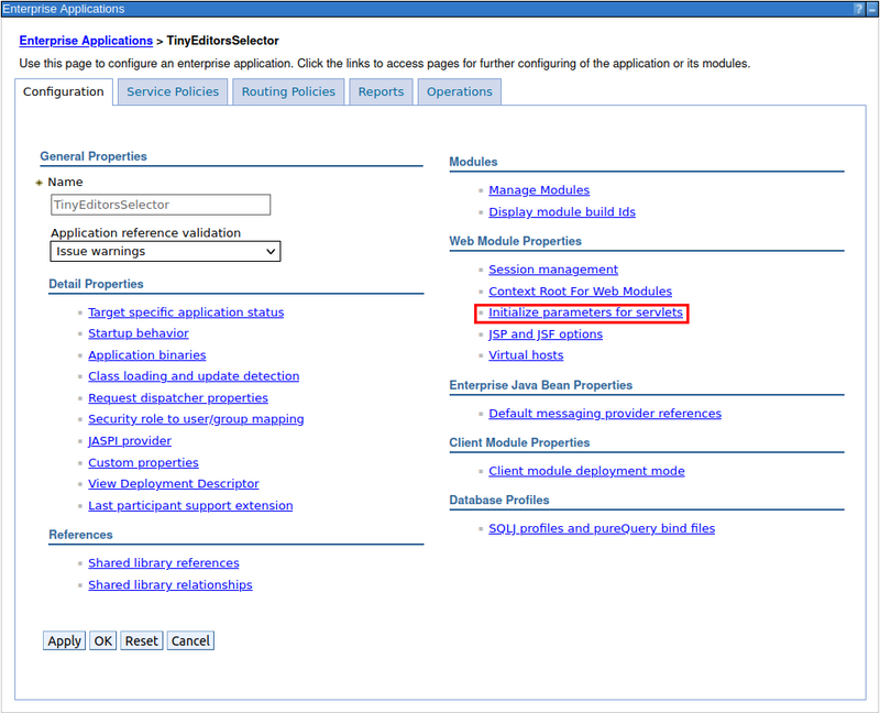 "Initialize parameters for servlets" link