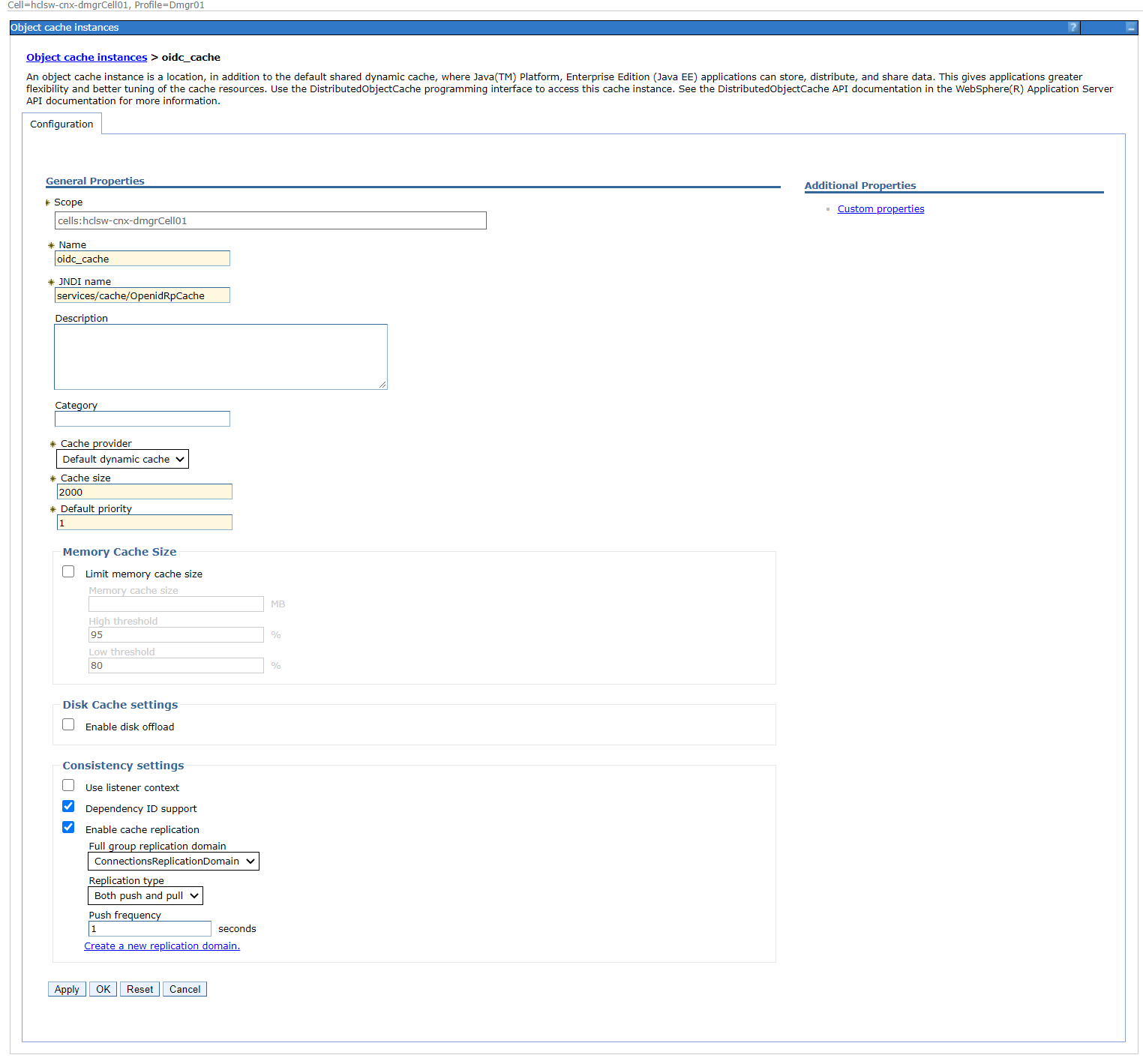 screen for creating cache instance