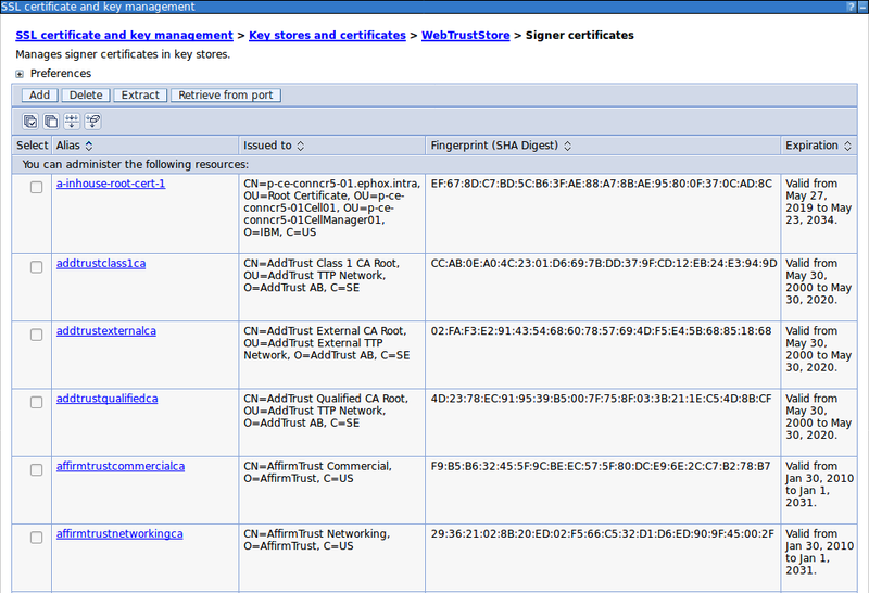 Showing the newly imported certificate. List of root certificates with the new one at the top.