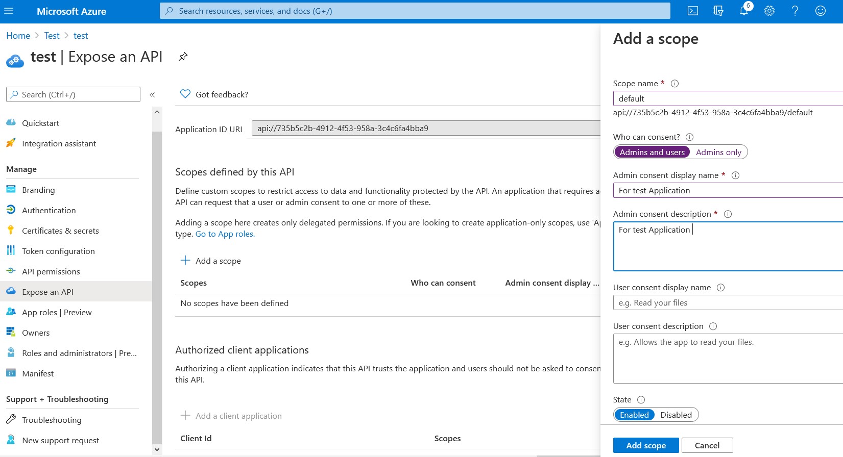Screen for exposing an API