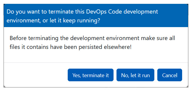 Terminate dev container dialog