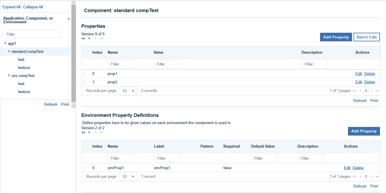 The Configuration page shows information about an application, including its components and environments.