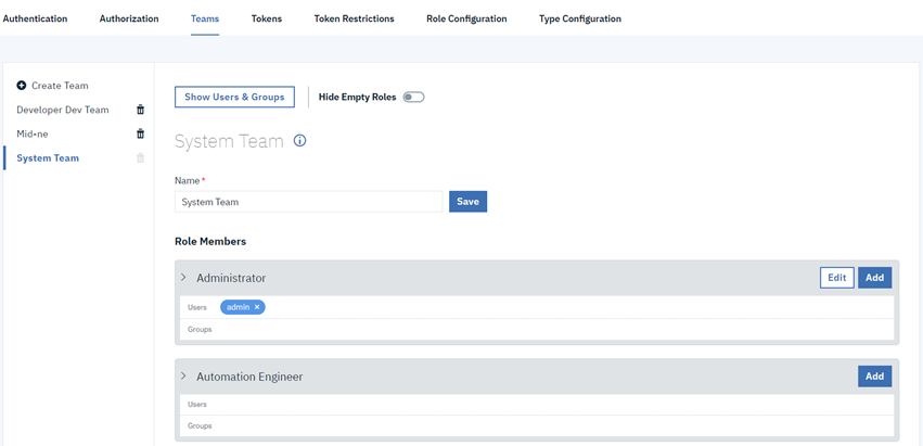Specifying the administrators and users for the system team