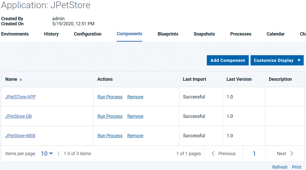 The contents of the application on the Components tab, including the three components of the sample application