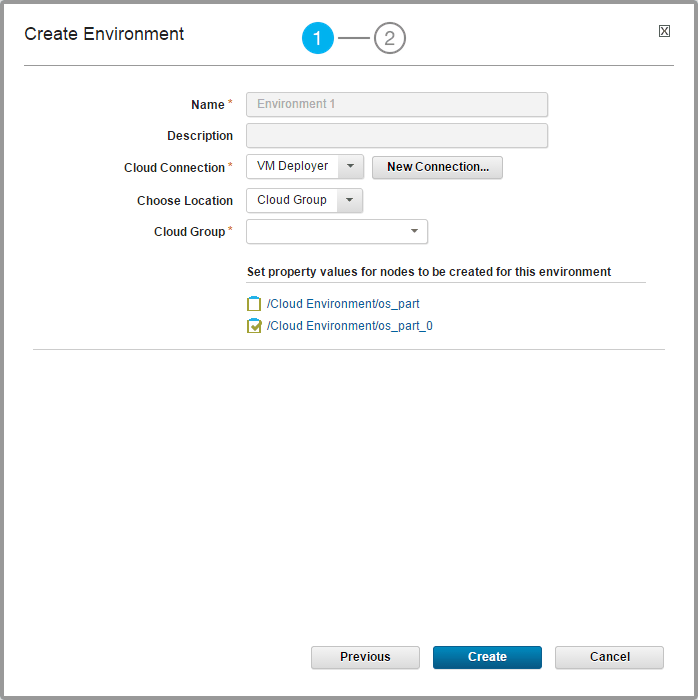 The Environment Blueprint Properties window, which shows the name of the new environment and links to customize the properties for each node