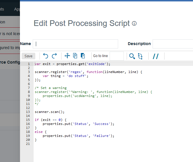 The Edit Script window, showing fields for the name and description of the script and for the content of the script