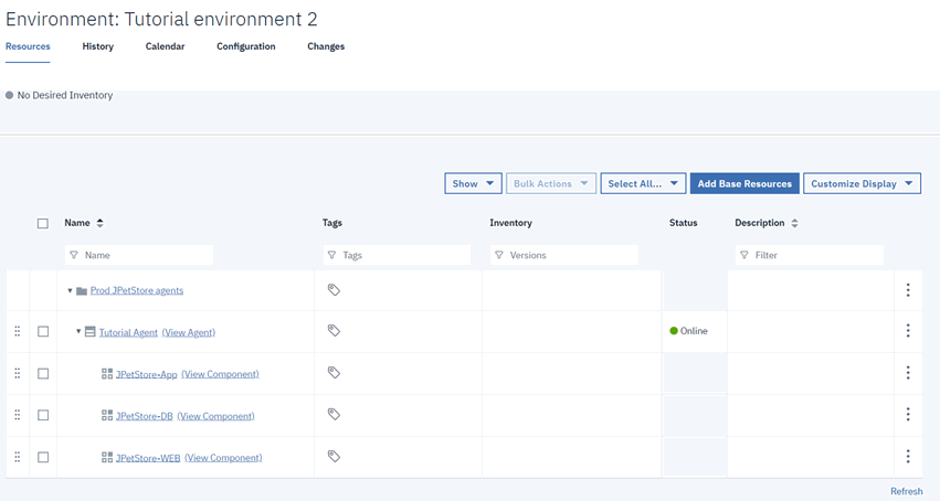 The Resources tab for the environment, showing the agent with three components that are mapped to it