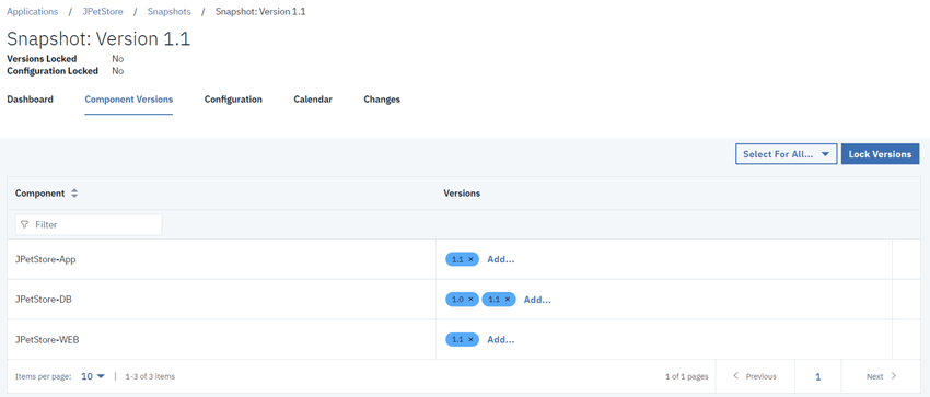 The snapshot is present and contains version 1.0 for JPetStore-APP, version 1.0 and 1.1 for JPetStore-DB, and 1.1 for JPetStore-WEB.