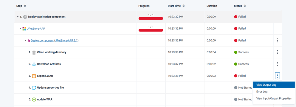 The log for the application process request, showing a component process that did not complete