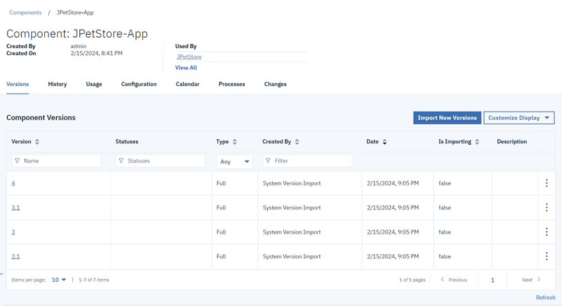 The component version pane, showing the list of versions for a component and the Import New Versions button