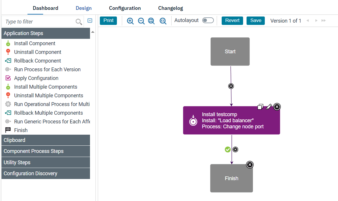 The process editor, showing the editing area and the list of available steps