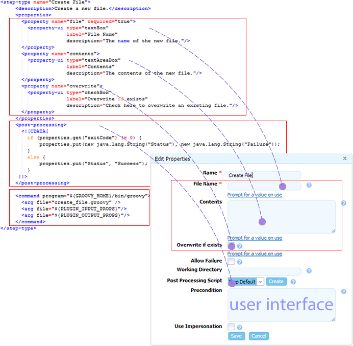 The structure of the step shows the properties of the step, which correspond to the properties in the Edit Properties window