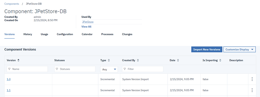 The Versions tab for the JPetStore-DB component, showing versions 1.0 and 1.1