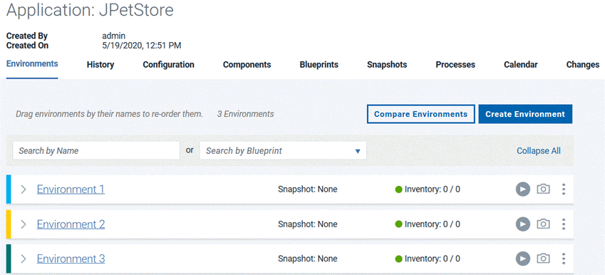 The list of environments for an application, showing three color-coded environments