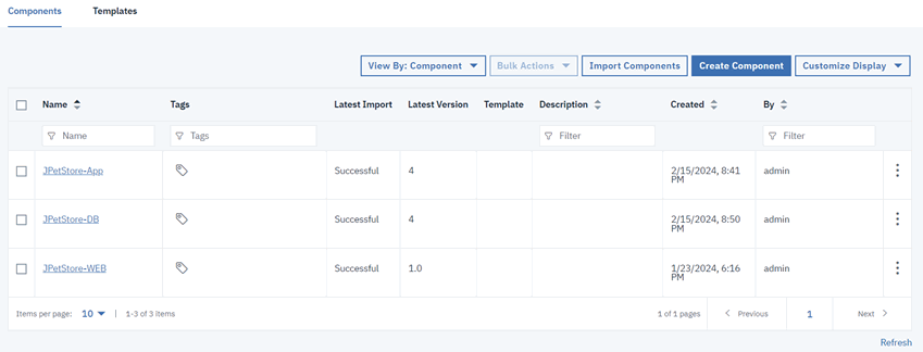 The three components on the Components tab