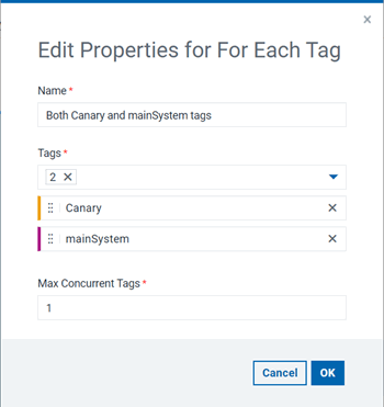 The properties of the For Each Tag loop, showing that the canary tag runs first