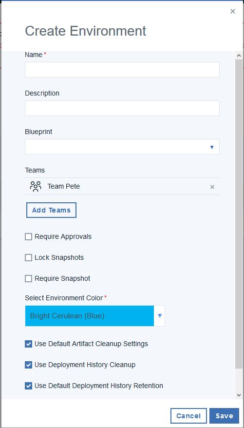 The Create Environment window, which shows fields for the name, description, blueprint, teams, and other properties