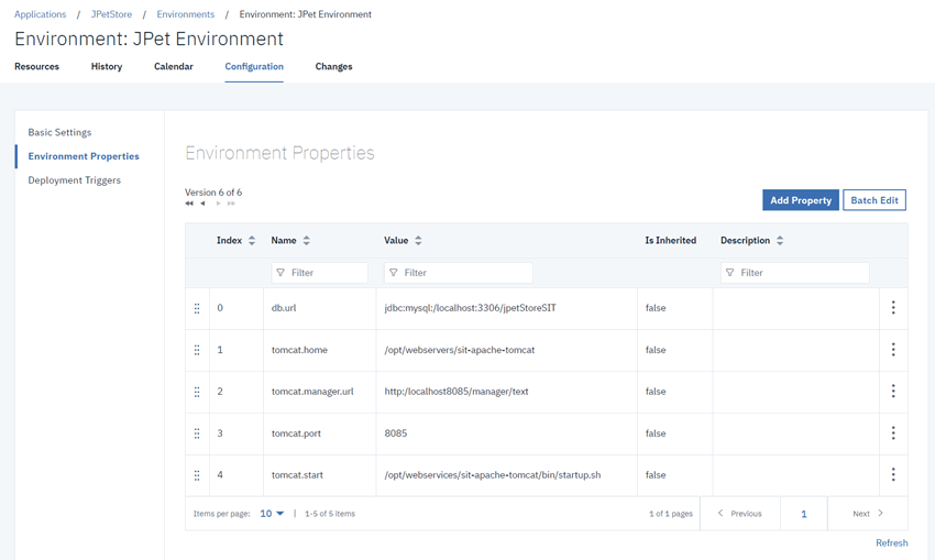 The Properties tab of an environment, showing several environment properties