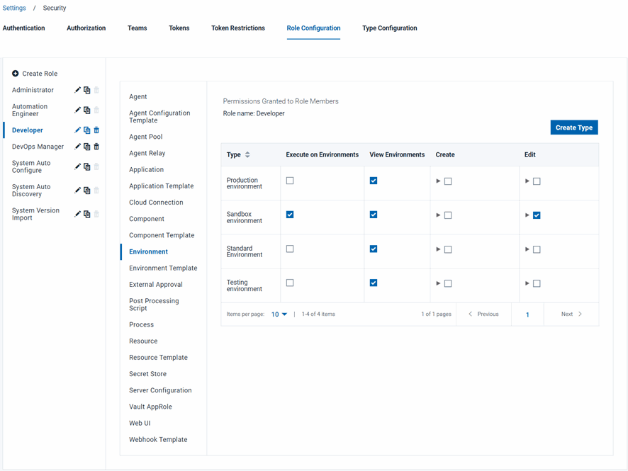 The permissions for the Developer role, which has full access to sandbox environments but read-only access to other types of environment