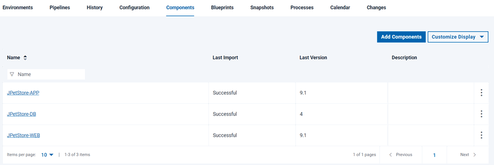 The contents of the application on the Components tab, including the three components of the sample application