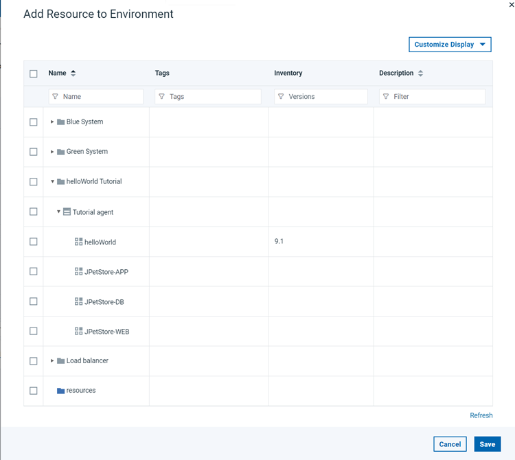 Selecting resources for an environment