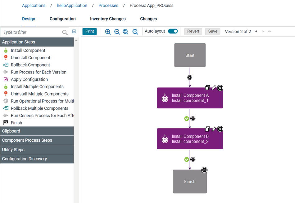 An example application process that uses the Install Component step twice to deploy two components