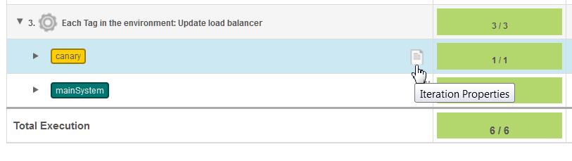 The log for an application process request that includes a For Each Tag step, showing two entries for the two resource tags that the step iterated over.