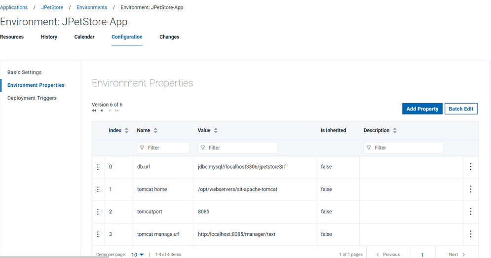 The Properties tab of an environment, showing several environment properties