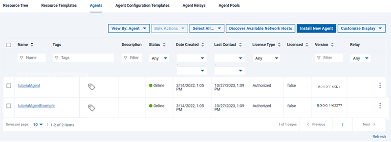 The agent in the list of agents; the Status column shows that the agent is online