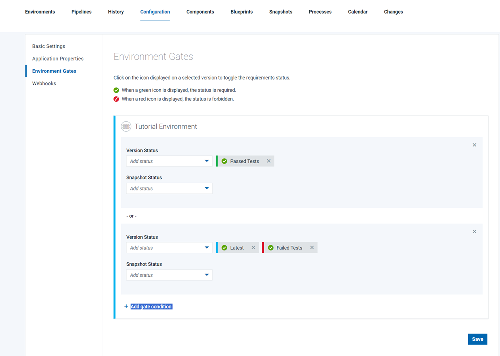 A simple environment gate that requires components to have at least one of two component version statuses