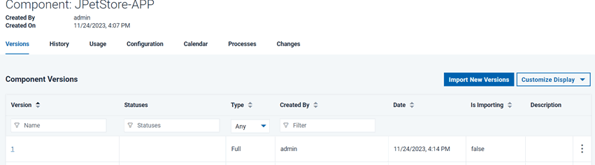 The first version of the new component is shown on the Versions tab