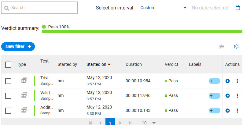 Example of a test results list