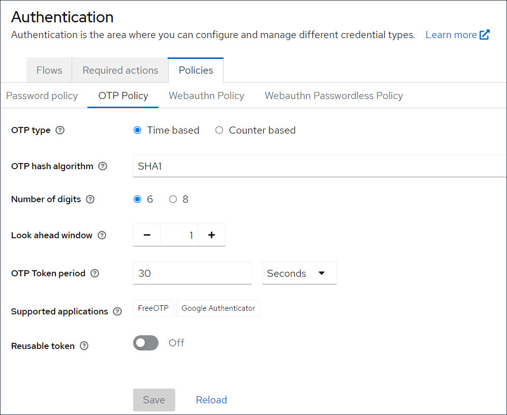 Image of the OTP policy settings.