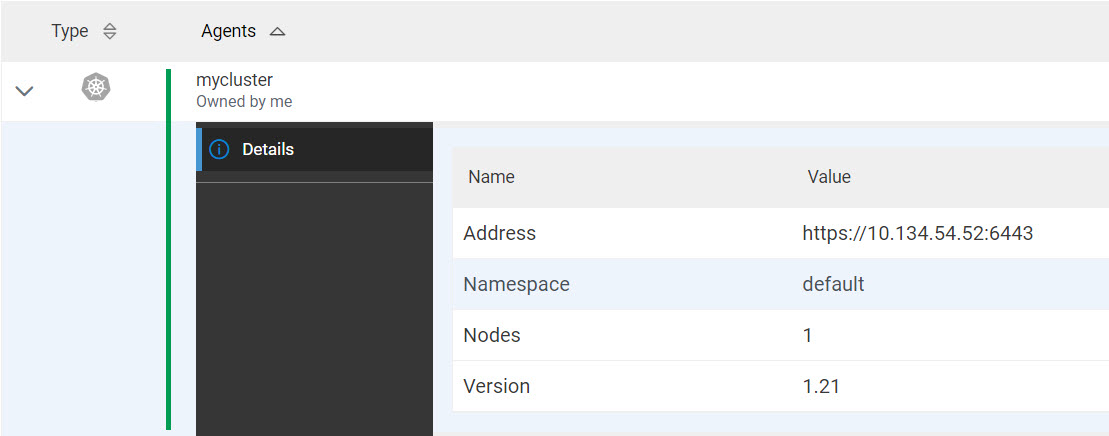 Image of the agents page showing the cluster details panel.