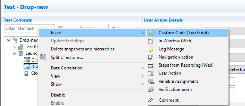 Right-click in any test step and select Custom Code choice