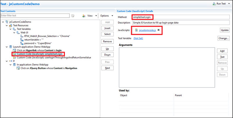 Adding JavaScript code in the Web UI test