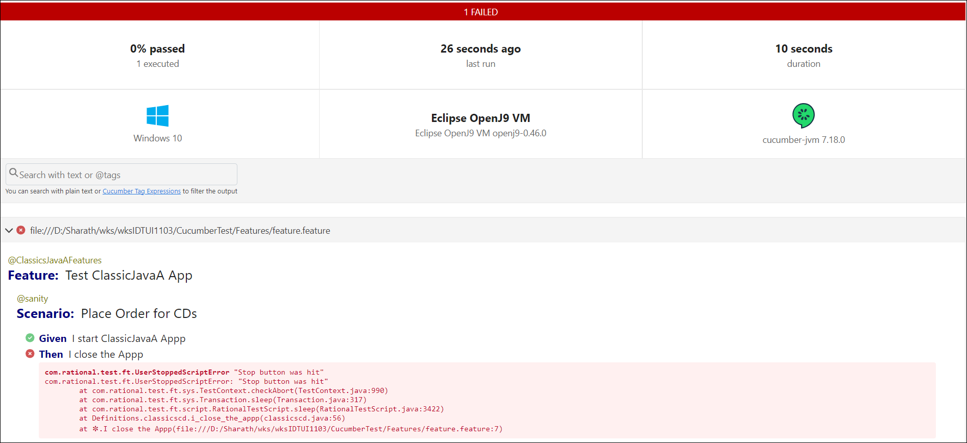 Log file with Cucumber annotations