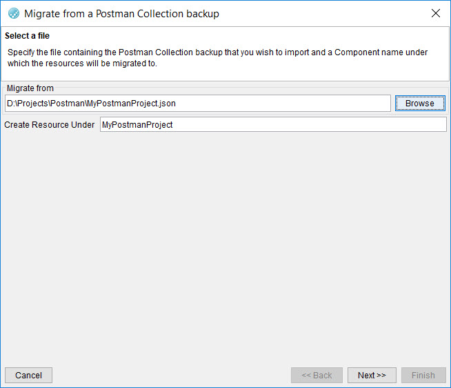 Image of the select Postman collection file dialog box.