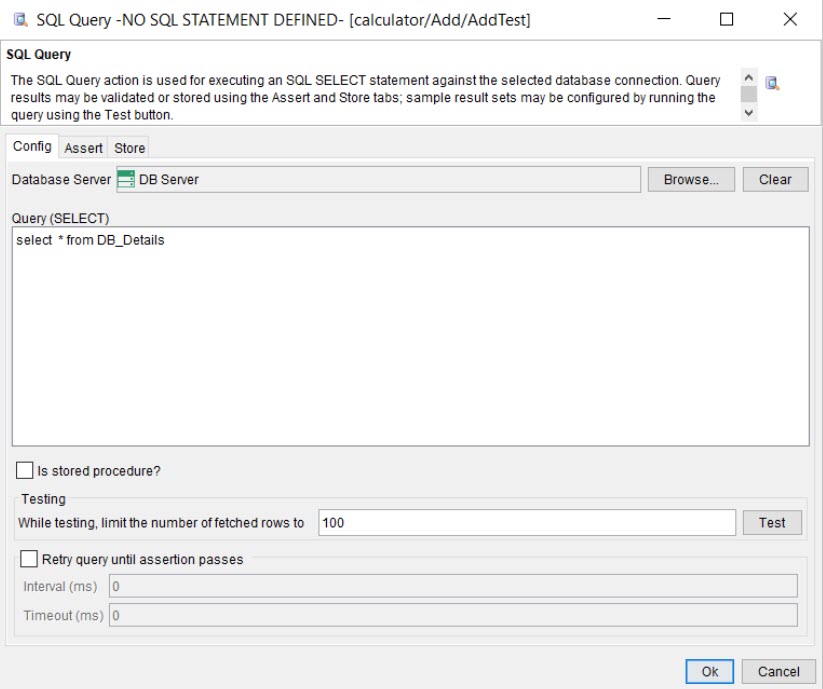 Adding an SQL Query action to a test