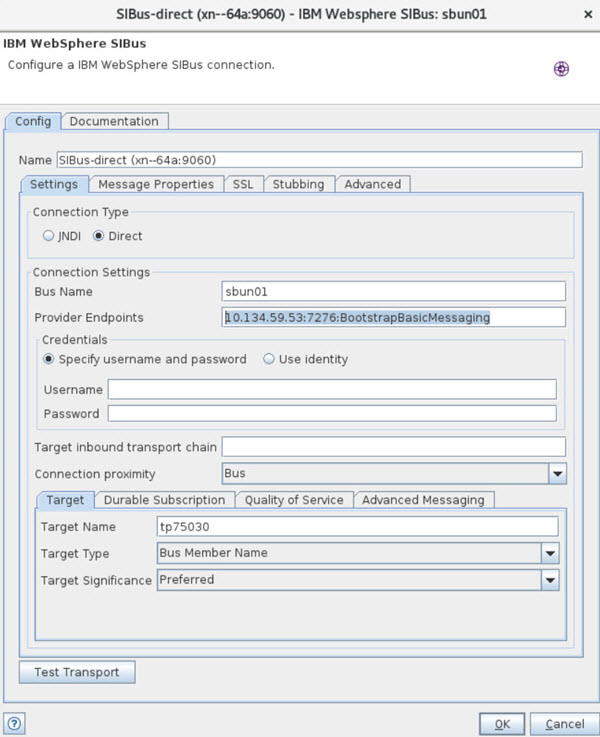 IBM WebSphere SI BUS transport window