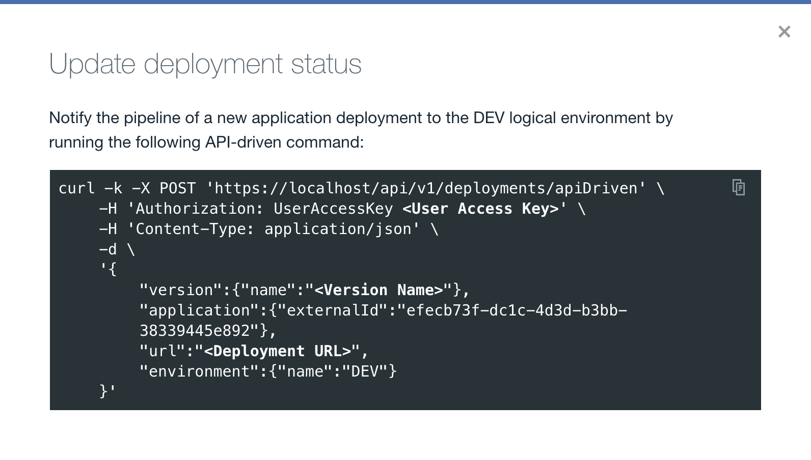 upload a deployment through the api modal window